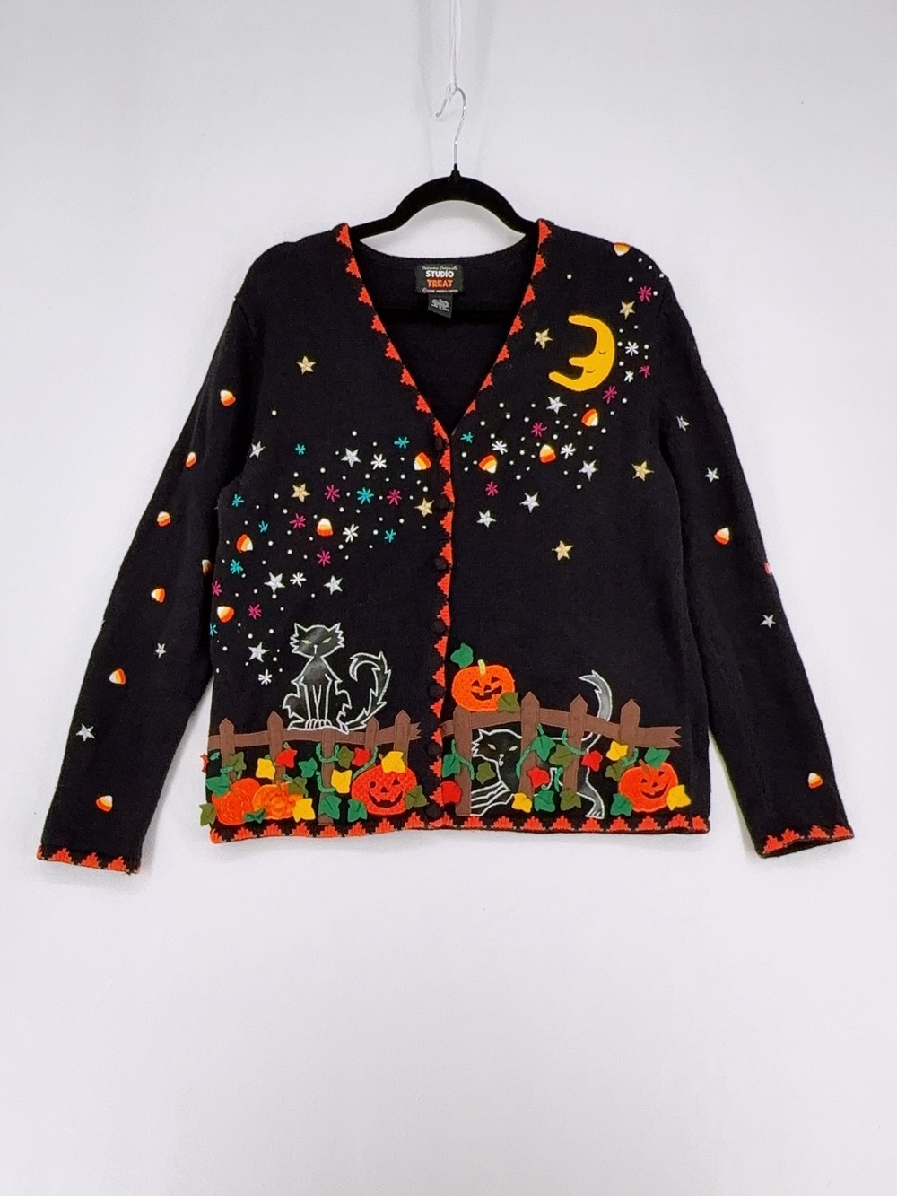 Vintage Studio Treats Halloween Cardigan Cat Candy Corn Pumpkins Sz S